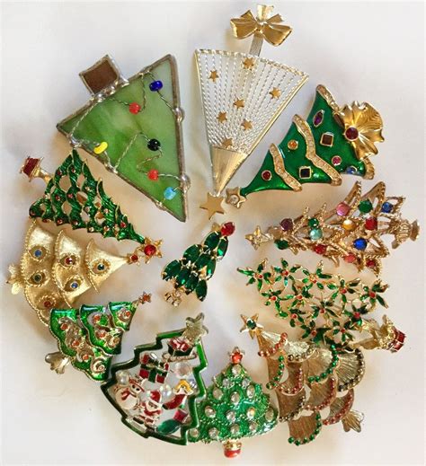 A Dozen Vintage Christmas Tree Brooch Pin Lot With Some Rhinestones