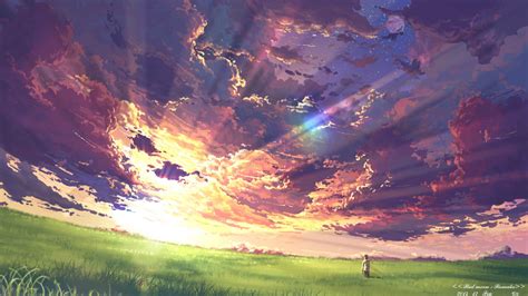 Wallpaper Sunlight Sunset Anime Sky Field Clouds