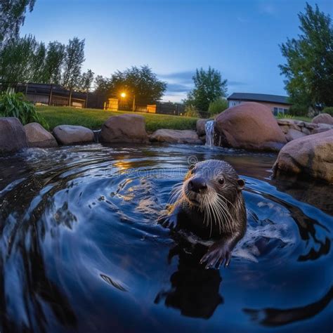 Playful Otter Swimming In Blue Hour Pond With Waterfall Stock