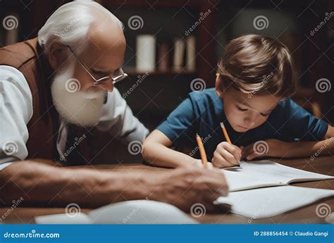 Back To School Grandfather Helps Grandson With Homework At Home Stock Illustration