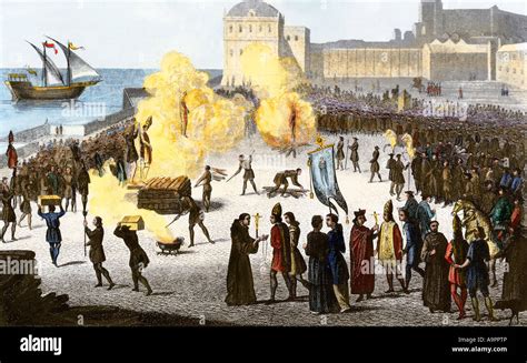 Burning Bishops At The Stake During The Spanish Inquisition Stock Photo