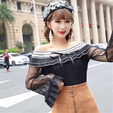 Spring Summer Women Ruffles Slash Neck Blouse Tops Sweet Hollow Out Floral Lace Shirt Female Bow