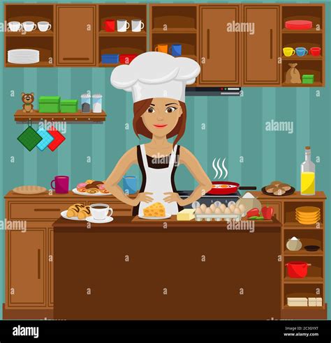 Cute Girl Cook Preparing Lunch In The Kitchen Vector Illustration On The Theme Of Interior And