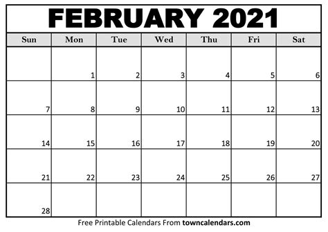 These calendars are great for family, clubs, and other organizations. Printable February 2021 Calendar - towncalendars.com