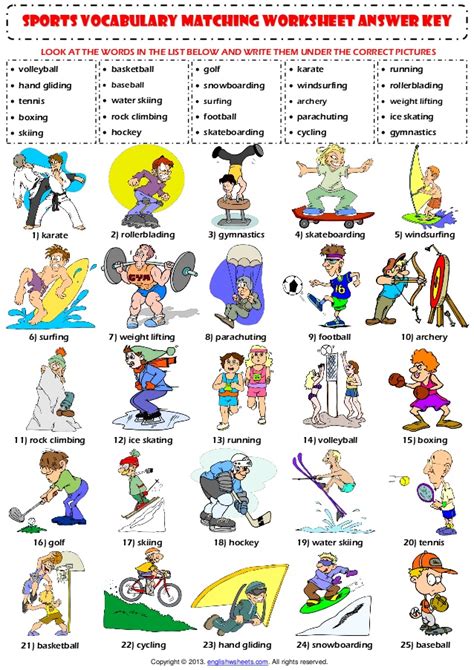 Though he is a busy, he spends time with his family. Sports vocabulary matching exercise worksheet (1)