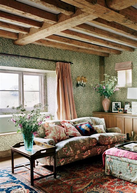 Plum Sykes Home England Vogue English Country House Interior Decoration Style Roll Arm Sofa William Morris Willow Boughs   Exposed Ceiling Beams 
