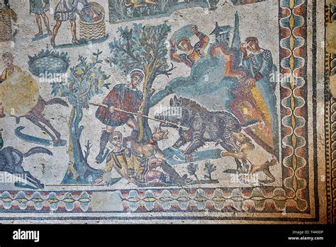 Hunters Hunting A Boar Roman Mosaic Floor Of The Room Of The Small