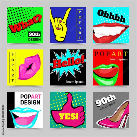 Set Of Vector Banners In 80s 90s Pop Art Comic Style Lips Hand Gestures Smile Shoes Stock