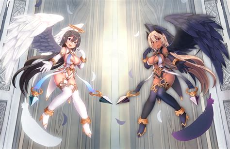 2girls Angel Breasts Cleavage Dark Skin Demon Elbow Gloves Feathers