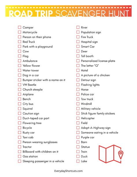 Tweens love a good scavenger hunt, and they are ideal activities for a party or other event. Road Trip Scavenger Hunt Printable - Everyday Shortcuts in ...