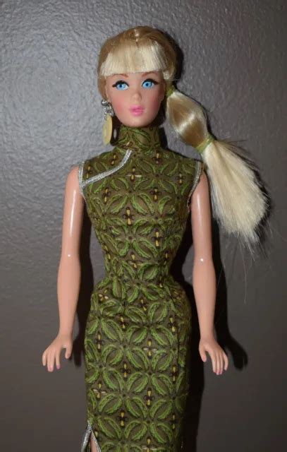 vintage mod barbie reproduction doll platinum blonde in green pattern dress 33 27 picclick