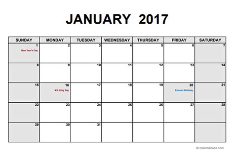 2017 Monthly Calendar Pdf Free Printable Templates