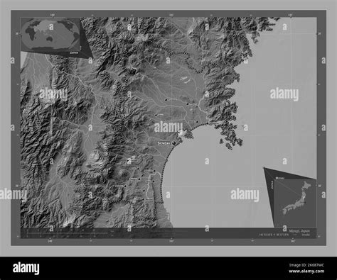 Miyagi Prefecture Of Japan Bilevel Elevation Map With Lakes And