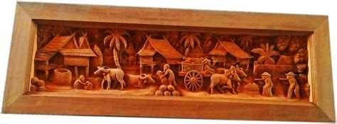 Hand Carved Thai Village Scene Teak Panel Carved Wood Art Work Wall Art Thai Carved Wall Panel