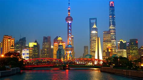 Viajes A Shanghai China Noche Rascacielos Torre Luces Río Fondos