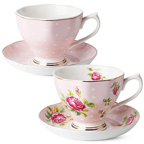 Btät Tea Cups And Saucers Set Of 2 Pink 8 Oz Cappuccino Cups