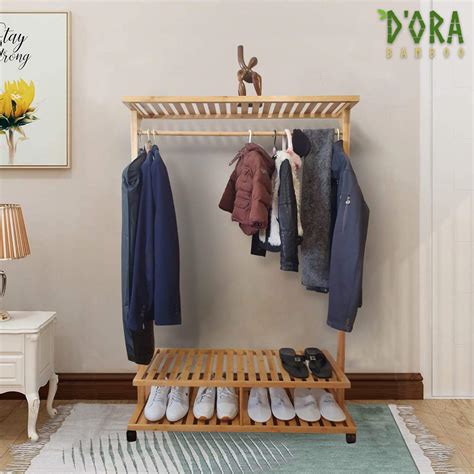 Dora Bamboo Clothes Rack With Shelves Wood Clothing Rack Hanging