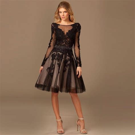Modern Long Sleeve Cocktail Dresses Tulle Lace Evening Party Dresses Knee Length Prom Dresses
