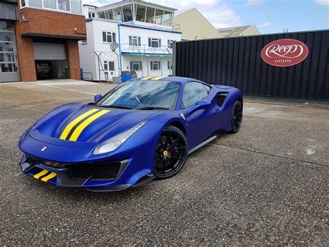 The ferrari 488 pista is powered by the most powerful v8 engine in the maranello marque's history and is the company's special series sports car with the highest level yet of technological transfer from racing. Installing Matte PPF | Elettrico Blu Ferrari 488 Pista | Reep Southern
