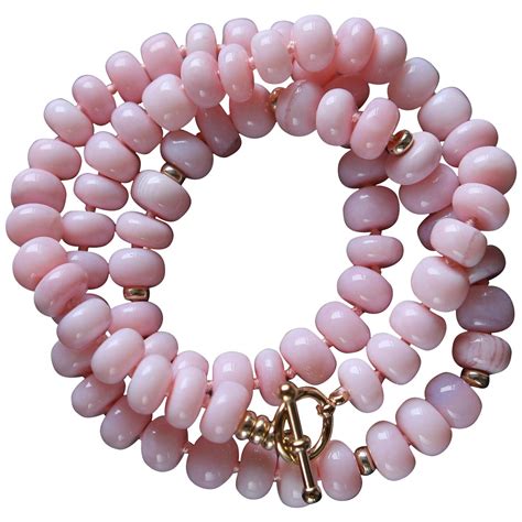 Peruvian Pink Opal Bead Bracelet Necklace Yellow Gold Toggle Clasp For