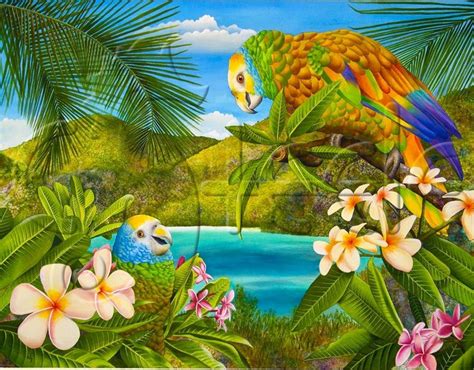 Tropical Art Print Caribbean Parrots Whimsical Scene Etsy Tropical