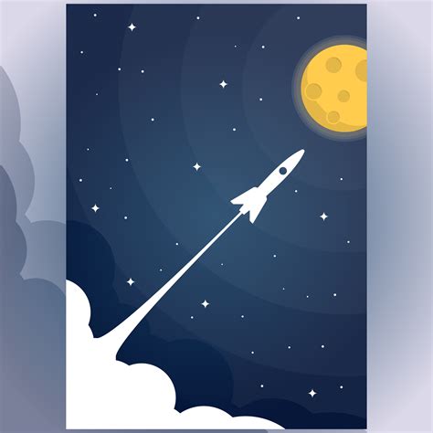 Flying Rocket In The Star To The Full Moon Flat Design Illustration