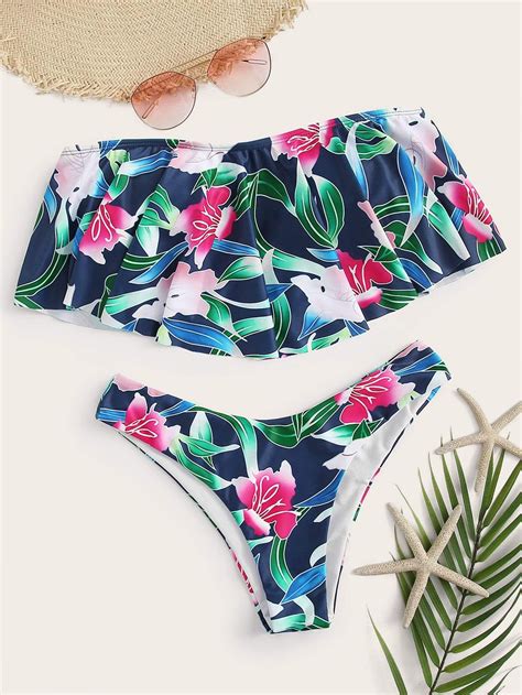 Floral Flounce Bardot Top With High Cut Bikini Popviva Swimwear
