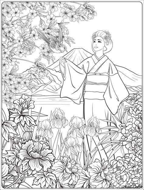 Japanese Woman In Kimono And Mount Fuji Japan Adult Coloring Pages