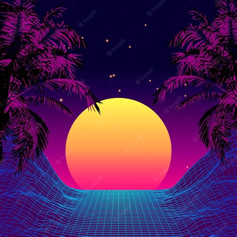 premium vector retro 80s style tropical sunset with palm tree silhouette and gradient sky