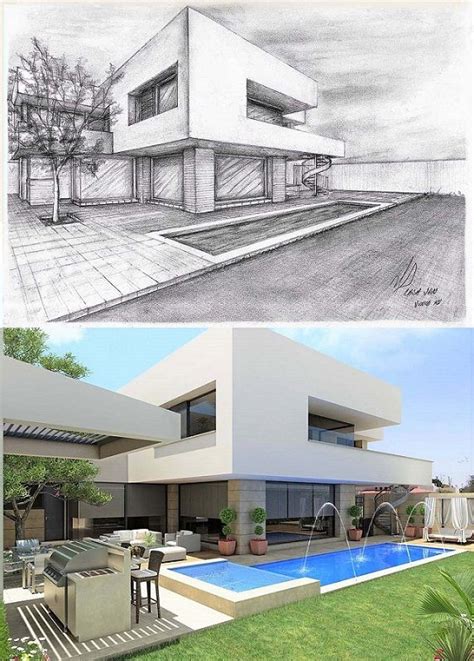 Two Different Views Of A House With A Swimming Pool