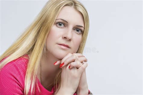 Closeup Portrait Of Caucasian Blond Female Posing On White Stock Image Image Of Light Happy