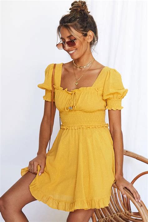 Swiss Dot Ruffle Puff Sleeve Mini Summer Dress Yellow Cutesove