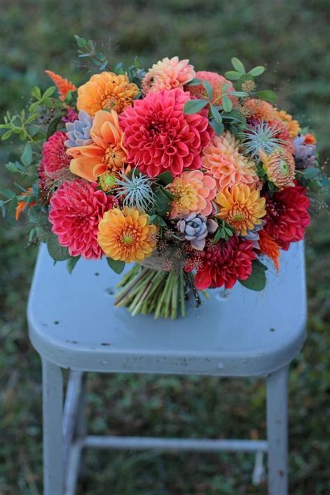 Autumn Bridal Bouquet With Persimmon And Orange Dahlias Air Plants