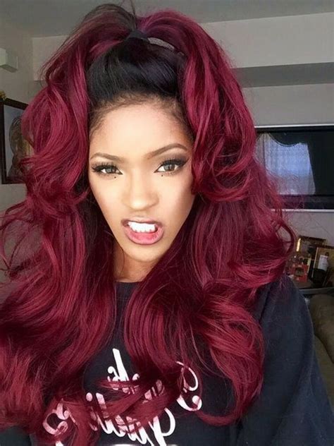 Dark root burgundy two tone ombre color hair bundles.100g per pcs,full thick and soft 7a grade body wave human hair weaves. Women's Front Lace Wig Ombre Burgundy Synthetic Hair Long ...