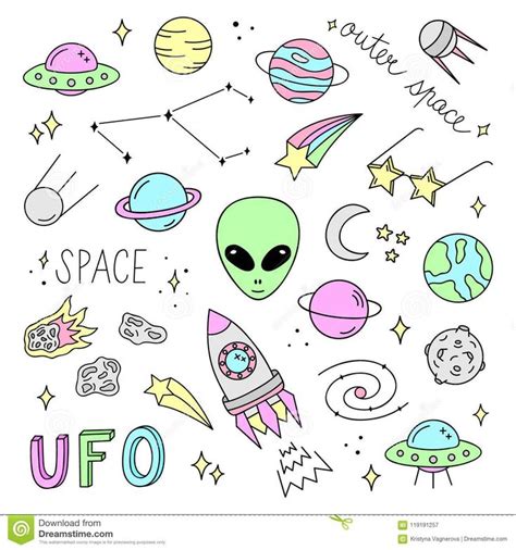 Cute Outer Space Vector Objects And Writings Stock Vector