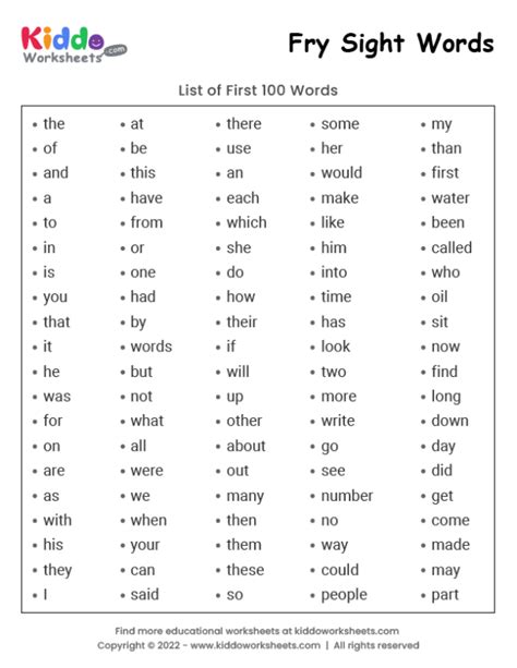 Free Printable Fry Sight Words List 1 Worksheet Kiddoworksheets In