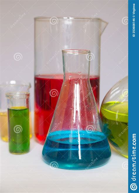 Different Size And Color Chemical Flasks With Colored Chemical