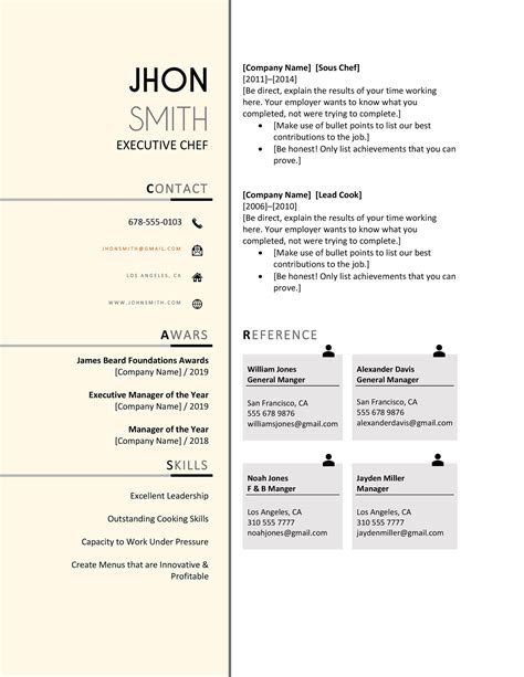 Professional Chef Resume Template Hospitality Cv Template Instant