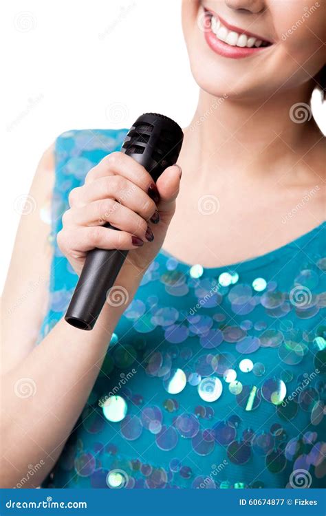 Smiling Young Woman Holding Microphone Close Up Stock Image Image Of