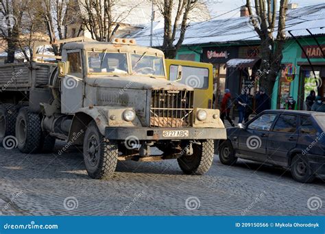 Old Soviet Truck Kraz 221 Standing In The Street A Fragment Editorial