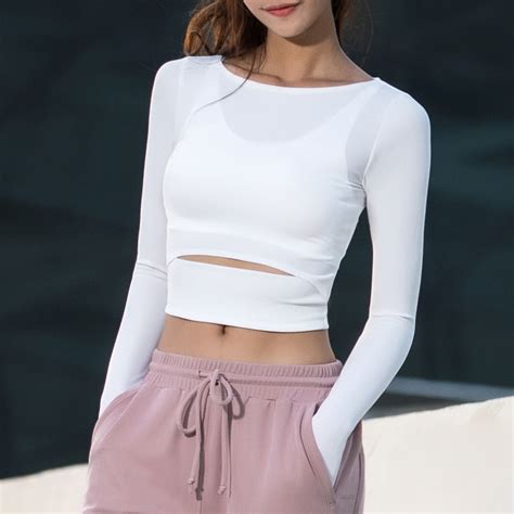 Oyoo Super Soft Knitted Rib Yoga Shirts With Thumb Hole Sexy Cropped Workout Tops Skinny Fit