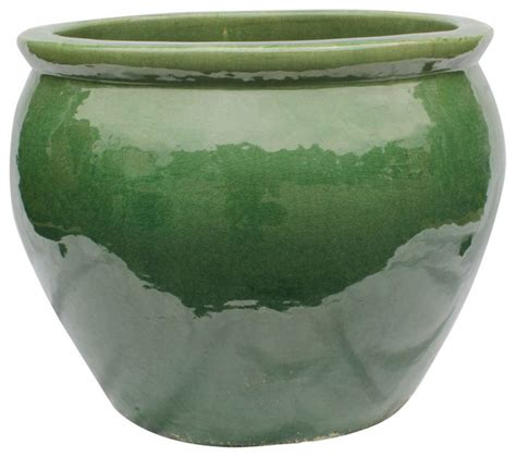 20" Ceramic Oriental Fishbowl Planter in Jade Green - Asian - Outdoor