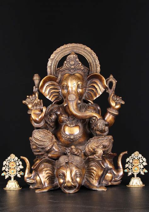 Brass Ganesh Statue On 3 Elephant Heads 21 72bs40 Hindu Gods