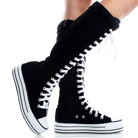 Double Stacked Black White Canvas Platform Lace Up Sneakers Womens Knee High Boots Chuck