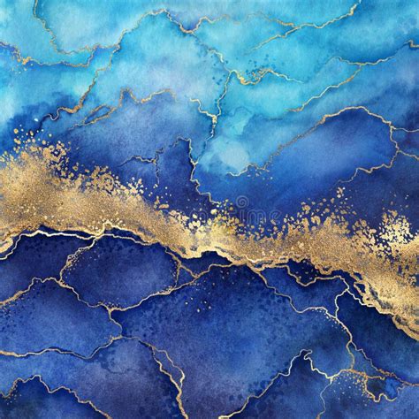 Abstract Blue Marble Background With Golden Veins Painted Artificial