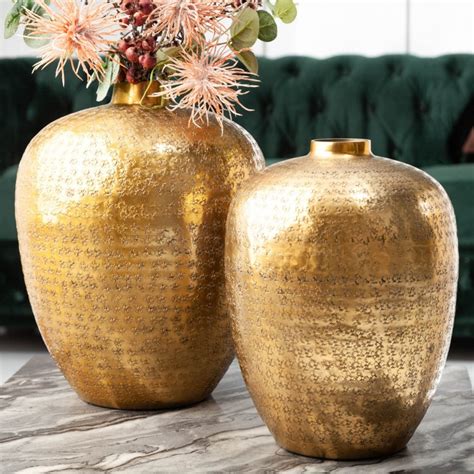Set Of 2 Gold Aluminum Hammered Vases