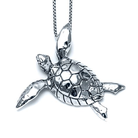 Large Hammered Sea Turtle Necklace In Sterling Silver