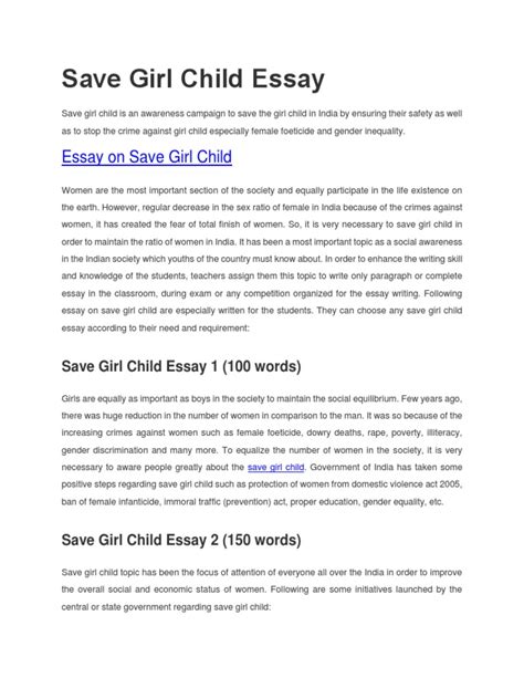 Save Girl Child Essay Gender Gender Studies