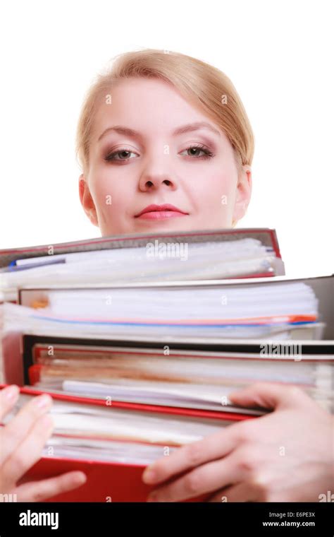 Young Overworked Business Woman Holding Stack Folders Documents Stock