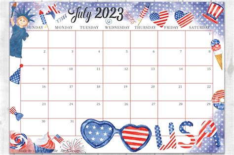 Editable July 2023 Calendar 4th Of July Independence Day Planner